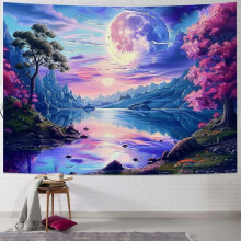 Tapeçaria Montanha Rosa e Lua para Quarto, Sala de Estar, Dormitório – Decoração de Parede em Vários Tamanhos, Compatível com Kits de