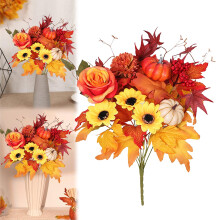 Bouquet di girasoli artificiali con foglie d'acero, cespuglio di fiori misti in seta da 43 cm per casa, cimitero, tomba - decorazioni autunnali, del