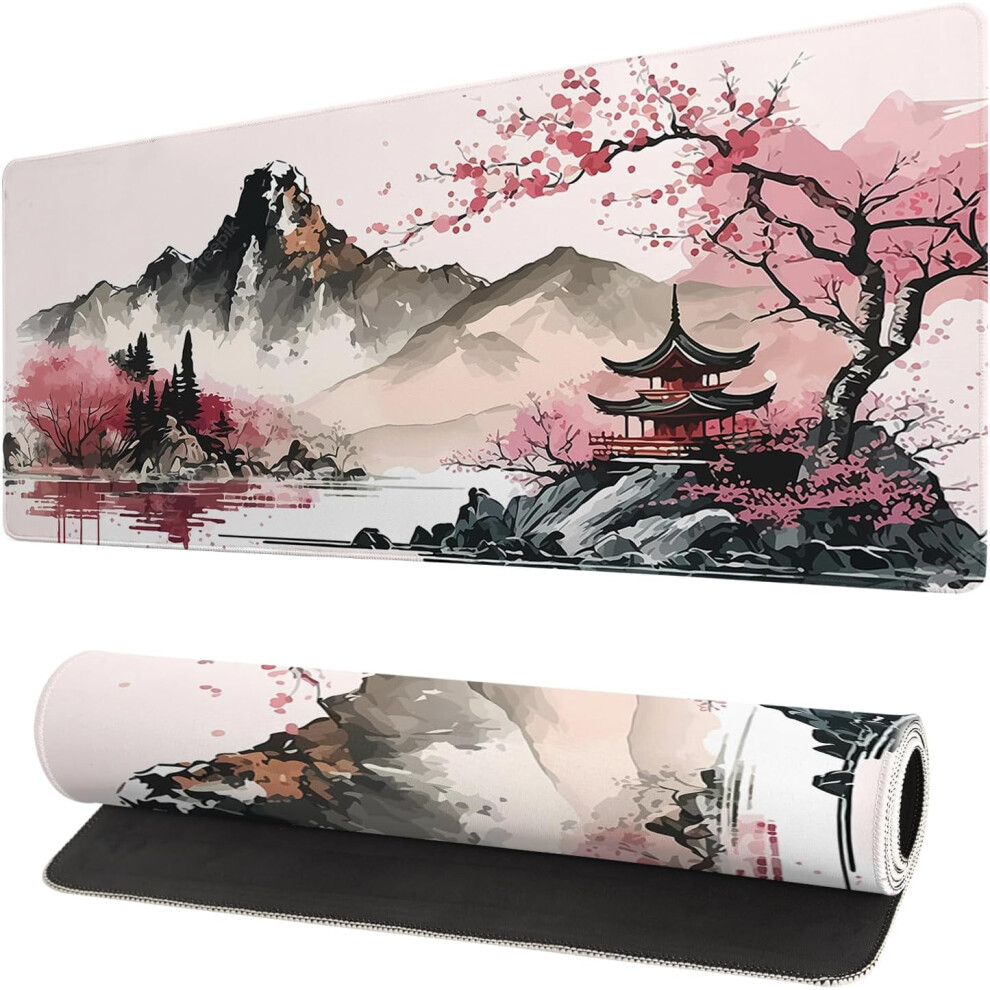 Watercolor Japanese Large Gaming Mouse Pad 31.5X11.8 In, Non-Slip Base & Stitched Edge Â Compatible With All Mice 9448196293355
