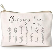 Trousse de maquillage chrétienne avec verset biblique « Dieu dit que je suis… », motif floral, cadeau inspirant pour femme, pour une sœur ou