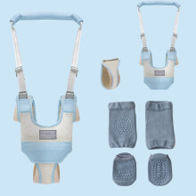 MesaSe Handheld Baby Walking Harnas Peuter Loophulp Veiligheidsgordel + Effen Kleur Antislip Sokken + Beschermende Kniebeschermers (Blauw)