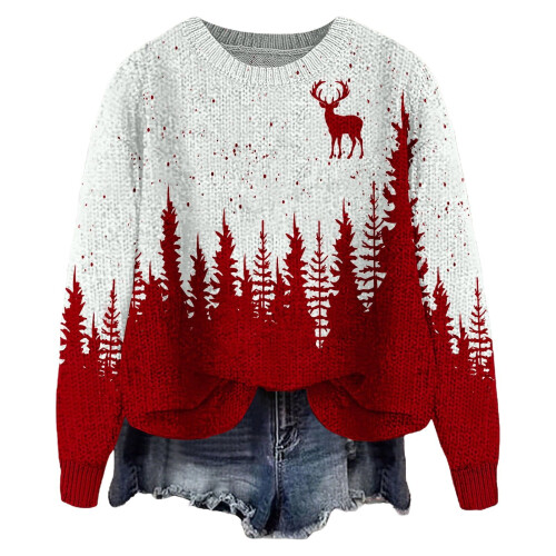 Damen-Pullover, Rundhalsausschnitt, lange Ärmel, Oversize-Schnitt, Herbstpullover, Rot, Größe S