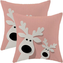 Kerstkussenhoezen 18x18 cm, set van 2 linnen kussenhoezen met elandmotief – Roze winterdecoratie voor bank, fauteuil en buitenmeubelen