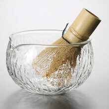 Bol à matcha en verre avec verseur intégré, design texturé unique, accessoire de thé durable, cadeau idéal pour la maison, eau froide/chaude