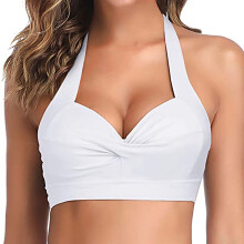 LoyisViDion Damen-Badeanzug, mehrfarbiger Neckholder-Bikini mit gerafftem hohem Bund, Weiß 2 (XS)