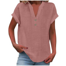 VERUGU Damen-Tops, Kurzarm, V-Ausschnitt, Baumwoll-Leinen-Hemd, Sommer, einfarbig, Knopfleiste, schlichtes Basic-T-Shirt, lässig, locker, bequem,