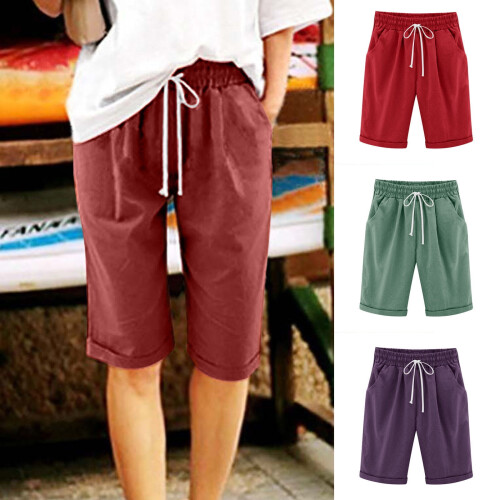 Brune damebermudashorts i bomull og lin med elastisk midje