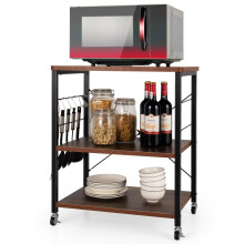 3-Tier Baker's Rack Microwave Stand, Rolling Kitchen Cart with 4 Wheels & 10 Hooks, Rustic Brown – Compatible with Standard Microwaves