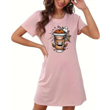 Női Plus Méretű Halloweeni Vicces Rajzfilmmintás Környakú Rövid Ujjú Pizsama | Puha Poliészter Spandex | S-2XL