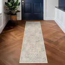 Non Slip Beige Blue Hallway Runner Rug - Long Runner Rugs 2x7 Washable Kitchen Floor Mat, Laundry Room Rug, Bathroom Runner - Vintage Design Décor