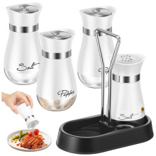 Ensemble de 4 salières et poivrières en verre de 120 ml (4 oz) avec support et couvercle, idéal pour la cuisine, les barbecues, le camping et les