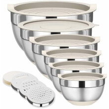 6-Piece Stainless Steel Nesting Mixing Bowls with Lids, 3 Graters & Non-Slip Bottoms – 5.5 to 1.1 QT
