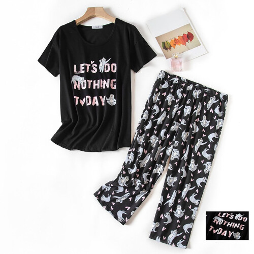 Damen-Pyjama-Set mit Herbstmotiven, Kurzarm, Größe L 1