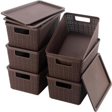 Set van 6 bruine, ademende, stapelbare opbergmandjes met deksels – Kleine plastic organizers voor bureaus, kasten, speelkamers, klaslokalen en