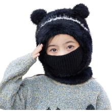 Bear Ear Balaclava for Kids - Winter Hat & Scarf Set, Warm Plush Ski Mask for Boys & Girls Black (DSF)