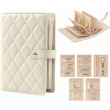 Portable Jewelry Organizer Book with Clear Zipper Pouches, Checkered Travel Ring Binder Case for Necklaces & Earrings, Velvet Storage Bag (Beige)