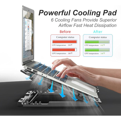 Base de resfriamento para laptop com 6 ventoinhas, para notebooks de 13 a 15,6 polegadas, altura ajustável, duas portas USB. 1
