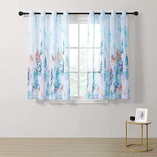 Cortinas longas de 63 polegadas (160 cm) de comprimento para quarto e sala de estar, com estampa floral azul, ilhós, semitransparentes, conjunto de 1