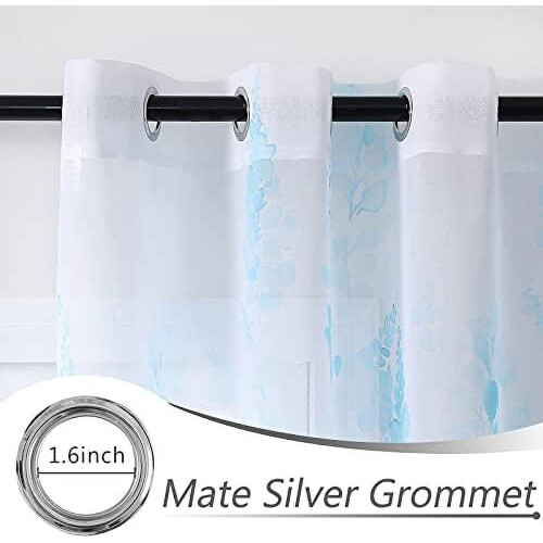 Cortinas longas de 63 polegadas (160 cm) de comprimento para quarto e sala de estar, com estampa floral azul, ilhós, semitransparentes, conjunto de 2