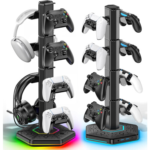 Supporto da gioco RGB per controller, cuffie e telecomando PS5/PS4 – 9 luci, 2 porte USB 3.0, compatibile con PS5/PS4