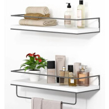 White Floating Shelves Set of 2 with Grey Towel Rack, Wall-Mounted Decorative Storage for Bathroom, Kitchen, Living Room & Bedroom (15.7")