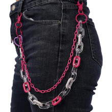 Gothic Acrylic Layered Punk Trousers with Chains, Heart Pendants & Silver Keychains – Compatible with Rock/Hip Hop Style