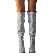 Botas peludas para mujer, moda, zapatos de tacón grueso hasta la rodilla, punta redonda, talla US: 5.5 (35)