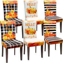 Herbstliche Stuhlhussen, 6er-Set – Stretch-Stuhlhussen für Thanksgiving mit Kürbis- und Ahornblattmotiven, abnehmbar und waschbar, passend für