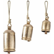 Goldene, tibetisch inspirierte, riesige XL-Kuhglocken aus Metall mit Jute-Aufhängeseil, 3er-Set (10", 8", 6" hoch) – zylindrisch