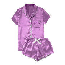 Ediodpoh Dames Pyjama Sets Casual Dames Effen Zijden Satijnen Pyjama Set Top met Korte Mouwen en Knoopsluiting & Shorts Nachtkleding Licht _001XL