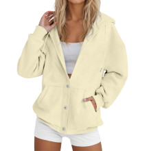 Warmer, einfarbiger Damen-Hoodie mit Kapuze, Kordelzug, Knöpfen und Taschen – Lässiges Sweatshirt für Herbst/Winter, Gelb, XXXL