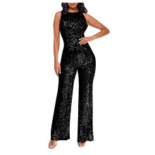 Lulshou Női Egyszínű Magas Derekú Ujjatlan, Vállnál Palástolt Flitteres Romper – Slim Fit Overall