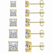 Hypoallergenic Square Stud Earrings 18K Gold Plated 5 Pairs