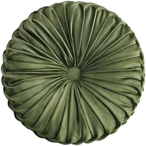 Velvet Round Throw Pillow with Pleated Design and Button