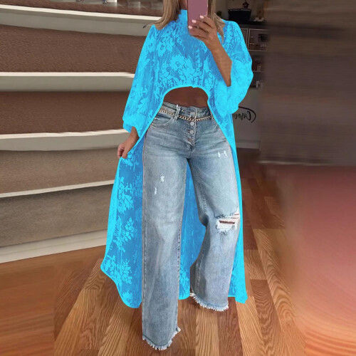 Dame langermede blondetopper med uthuling - Plus size-vennlige basisbluser med lang kant og elastisk kant (S-3XL) 1