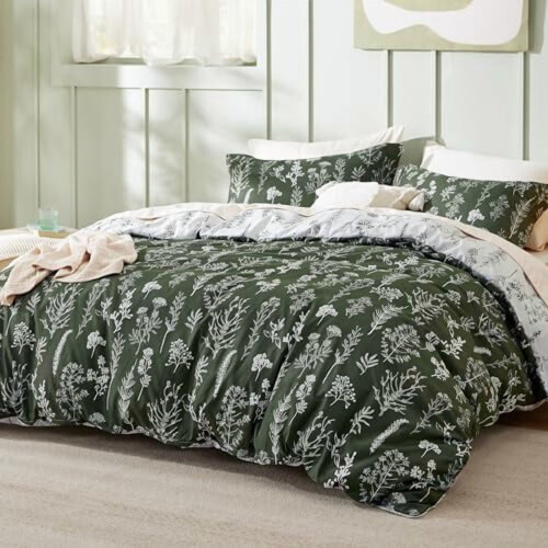 Olive Green Comforter Set Floral Botanical 3-Piece 1