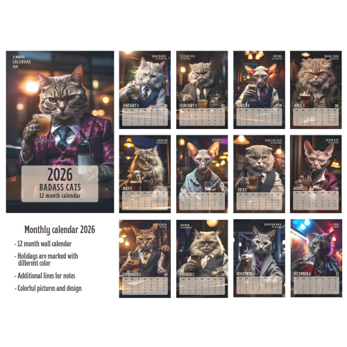 Ημερολόγιο τοίχου 2026 με σχέδιο Badass Cats - 28x22 ίντσες, ανθεκτικό χαρτί, μοναδικό δώρο 1