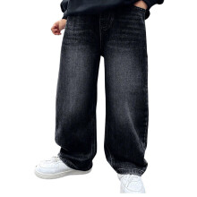 Jeans alla moda a gamba larga lavati per ragazzi, vita alta elasticizzata, pantaloni in denim casual e comodi con tasche – compatibili con la