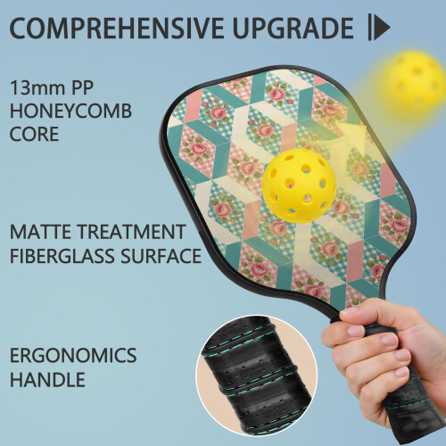 Σετ κουπιών Pickleball από fiberglass με λουλούδια, 2 μπάλες και τσάντα, συμβατό με παιχνίδι 1