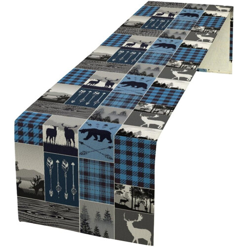 Caminho de mesa xadrez com estampa de alce estilo fazenda, 33 x 229 cm (13 x 90 polegadas)