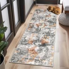 Tapis de couloir 60 x 180 cm, moderne, abstrait, lavable et antidérapant – Gris/Rouille