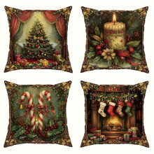 4 st. vintage julörngott 18x18, julgrans-/polkagris-/polkagristryck, polyester med dragkedja, maskintvättbara, kompatibla med örngottinlägg 18x18