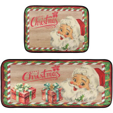 Cute Santa Claus Red Kitchen Rug & Mat Set of 2 – Rustic Candy Cane, Non-Slip, Farmhouse X-mas Decor