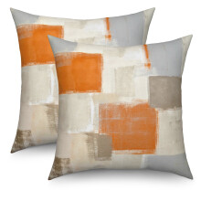 Oranje, beige en grijze sierkussenhoezen 18x18 cm, set van 2, moderne abstracte linnen kussenslopen voor slaapkamer, bank of fauteuil.