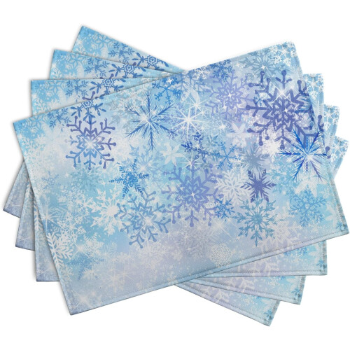 Tischsets mit blauem Schneeflockenmuster, Leinen, 4er-Set 1