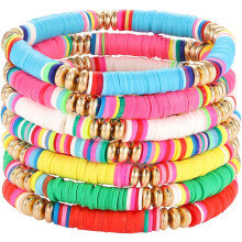 Surfer Heishi Bracelets for Women – Stackable Rainbow Vinyl Disc Clay Beaded Stretch Bracelets, Elastic Boho Friendship Jewelry