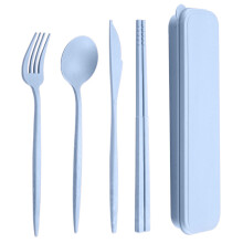 Juego de 4 piezas de cubiertos de plástico reutilizables y portátiles con caja de almacenamiento para estudiantes: cuchara, tenedor, cortador,