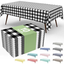 Pacote com 10 toalhas de mesa descartáveis xadrez pretas, 137 cm x 274 cm, resistentes e impermeáveis, ideais para piqueniques, banquetes e festas