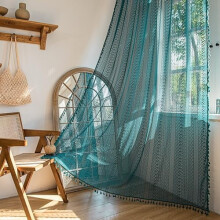 Cortinas Boho 59"x72", Renda de Crochê Transparente com Franjas, Bolso para Varão, Turquesa, 1 Painel