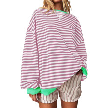 Lila, süßes Langarmshirt für Damen, trendiges Rundhals-Langarmshirt aus Polyester mit Streifenmuster, Größe L